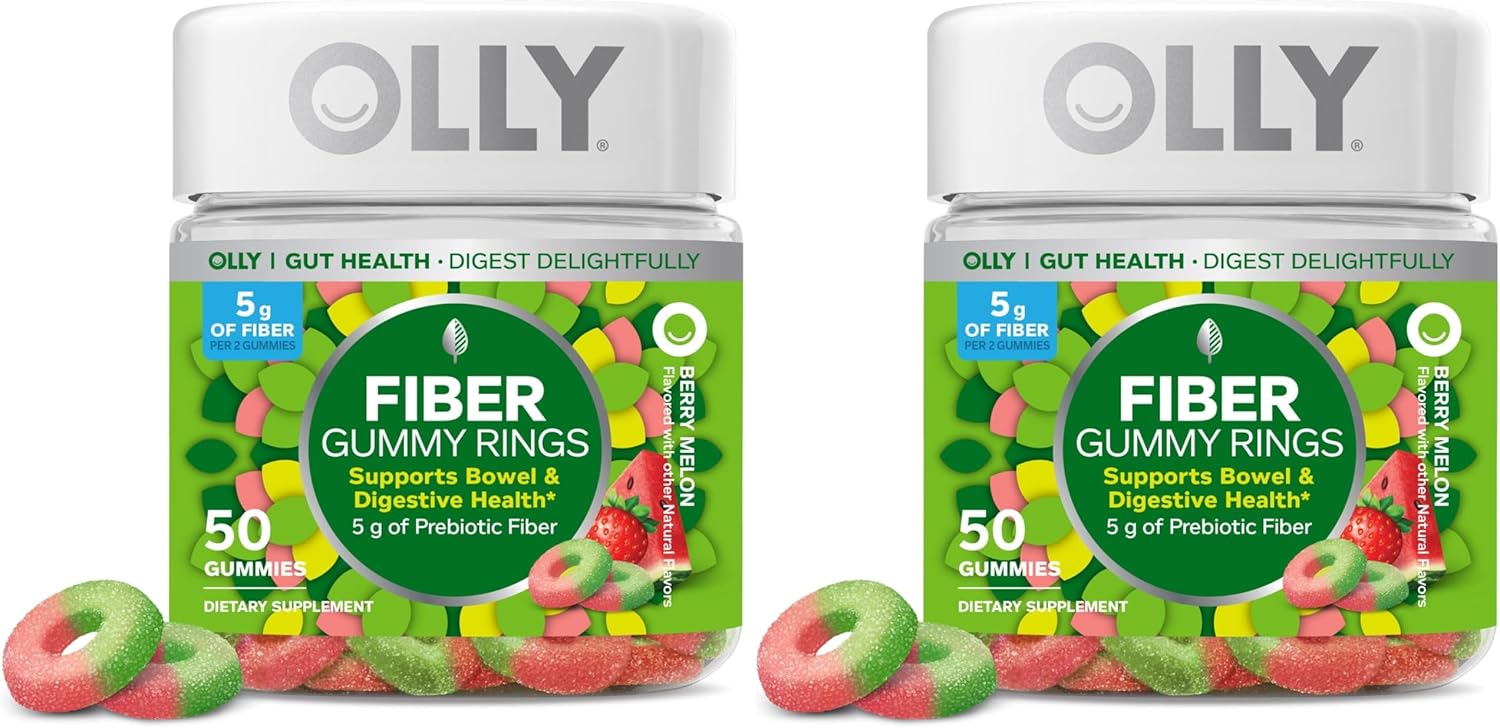 OLLY Fiber Gummy Rings, 5g Prebiotic Fiber, FOS (Fructo-oligosaccharides), Digestive Support, Berry Melon 50ct (Pack of 2)