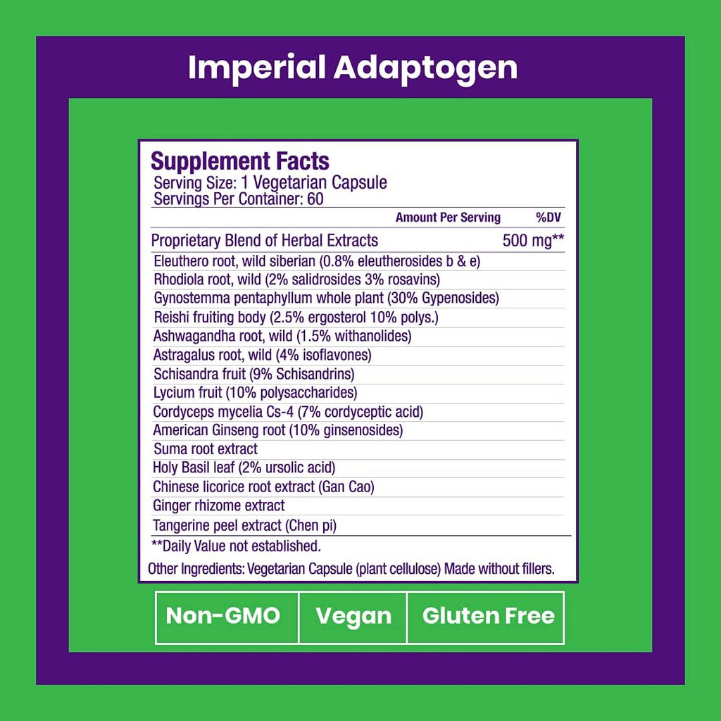 Paradise Herbs, Imperial Adaptogens, with Ashwagandha, Astragalus, Rhodiola, Proprietary Adaptogen Blend for Stress Support, Focus & Energy, 60 Vegetarian Capsules