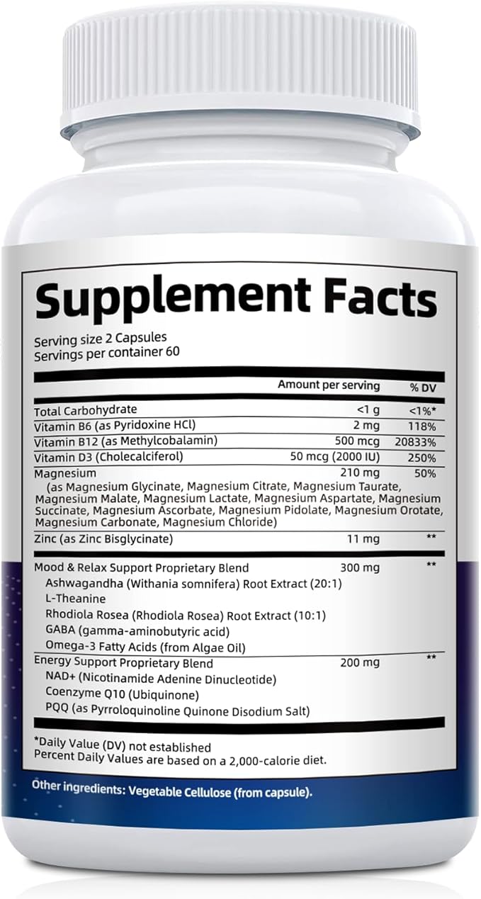 Magnesium Complex w/Magnesium Glycinate, Malate, Citrate | 24-in-1 Magnesium Supplement w/Ashwagandha, L-Theanine & NAD+ | Supports Calm, Energy, Muscle & Sleep | Non-GMO, 120 Vegan Caps