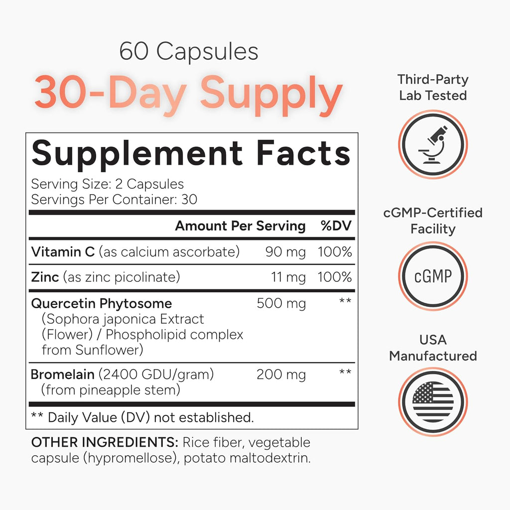 High Absorption Quercetin with Bromelain, Vitamin C and Zinc - 500mg Quercetin Phytosome - 50x More Absorption - Supports Immune Function & Cellular Health - USA Manufactured Supplement - 60 Capsules