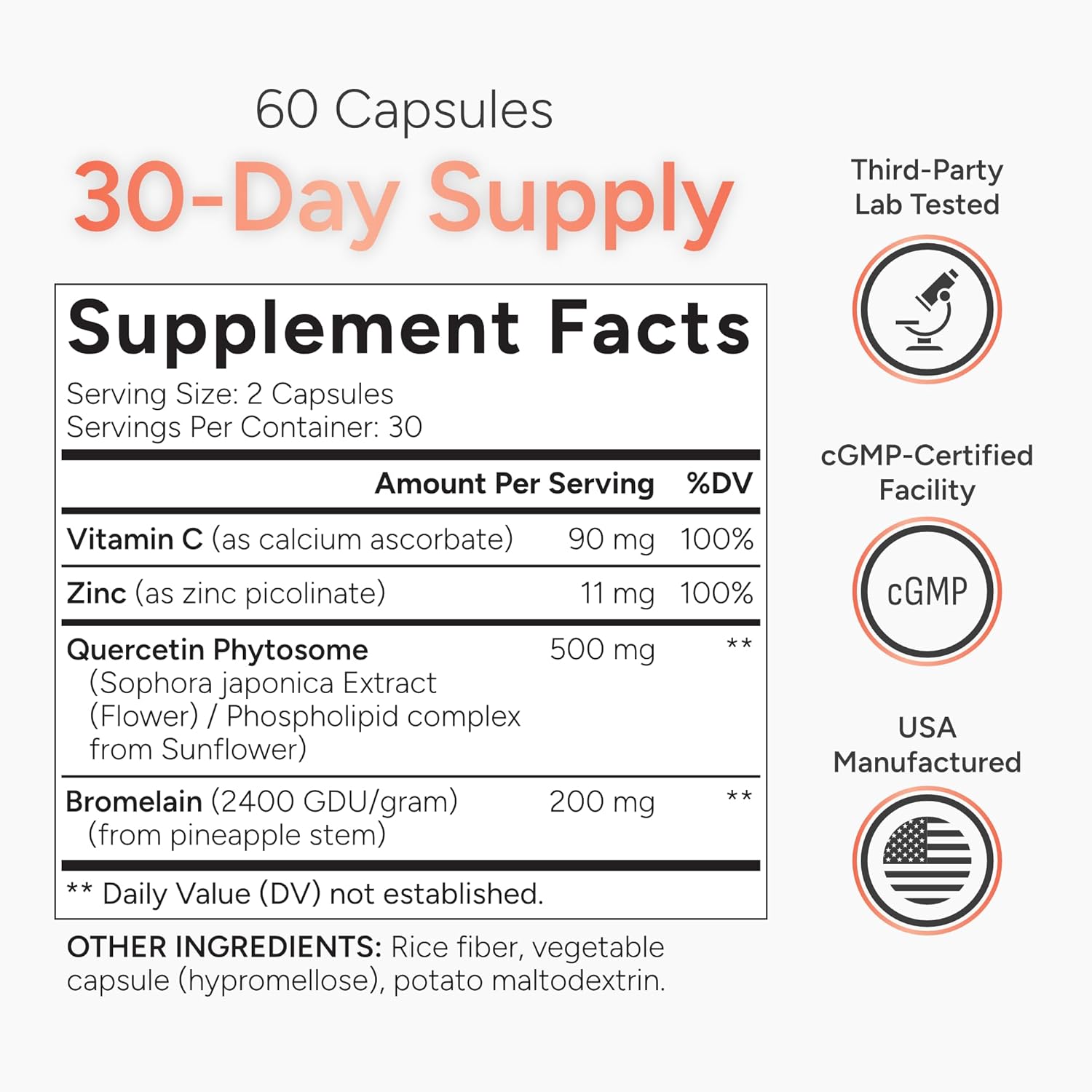 High Absorption Quercetin with Bromelain, Vitamin C and Zinc - 500mg Quercetin Phytosome - 50x More Absorption - Supports Immune Function & Cellular Health - USA Manufactured Supplement - 60 Capsules