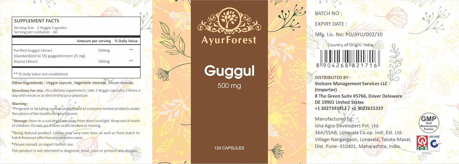 Guggul Vegie Capsule with Arjuna Extract 120 Count 1000 mg