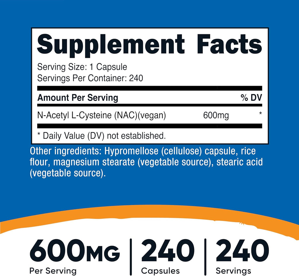 Nutricost N-Acetyl L-Cysteine (NAC) 600mg, 240 Vegetarian Capsules - Vegan, Non-GMO, Gluten Free