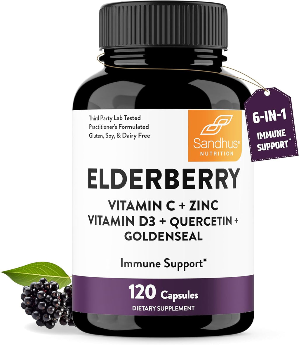 Sandhu's Elderberry Vitamin C Vitamin D3 Goldenseal with Zinc & Quercetin | Capsules for Men & Women | Supports Immune Health | 120 Count (Pack of 1)