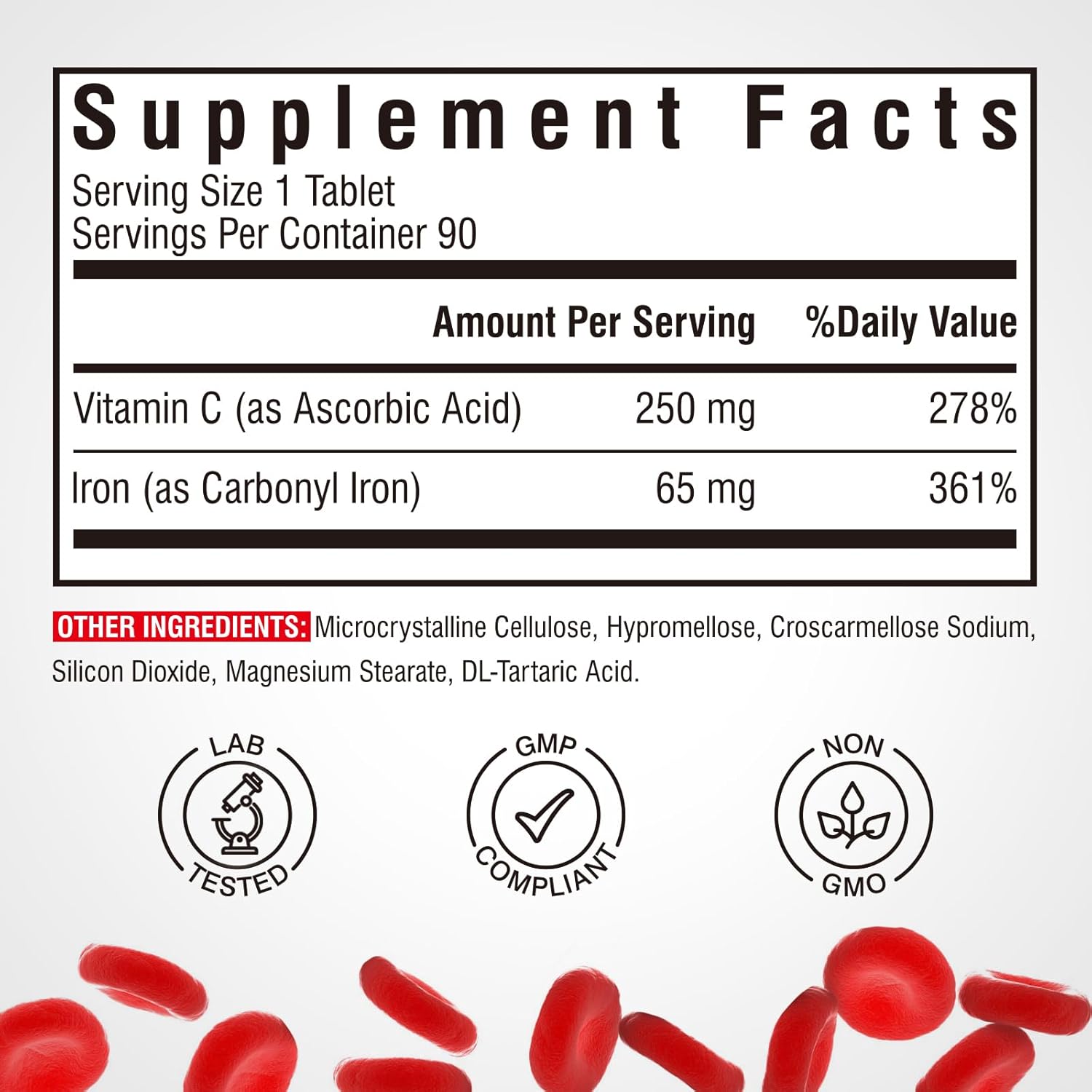Iron Supplement 65mg with Vitamin C, Stomach Friendly Carbonyl Iron, High Absorption, Once Daily, Supports Red Blood Cell Production, Gluten Free, Non-GMO, 90 Tablets
