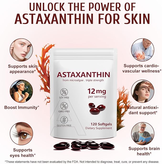 Astaxanthin Supplements 12mg 120 Softgels,Premium Astaxanthin Antioxidant Supplements,Triple Strength Skin Vitamins with Antioxidant Activity,Supports Eye, Joint, Brain, Heart & Immune System (1) (1)