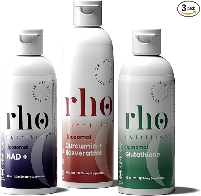 Rho Nutrition - Cellular Health Essentials Bundle – Liquid Liposomal Supplements for Healthy Aging & Cellular Support - NAD+, Curcumin + Resveratrol, & Glutathione (3 Pack)
