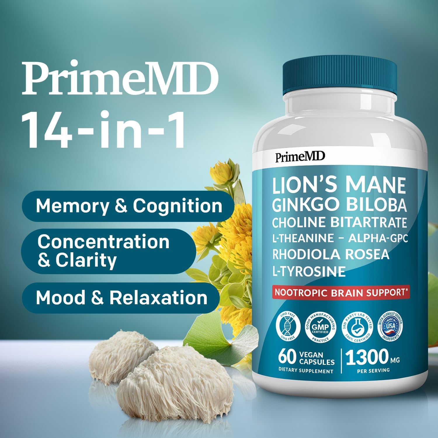 14-in-1 Lions Mane Supplement Capsules - Nootropic Brain Supplement with Ginkgo Biloba for Brain Support, Memory and Focus - Alpha GPC, L Theanine & Choline Supplements with 1300mg Per Serving (60 ct)