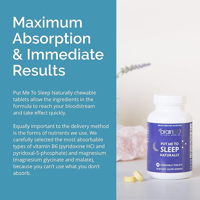 BRAINMD Dr Amen Put Me To Sleep Naturally - 90 Chewable Tablets - with Melatonin, L-Theanine, Magnesium, GABA, Vitamin B6 & 5-HTP - Gluten Free - 45 Servings