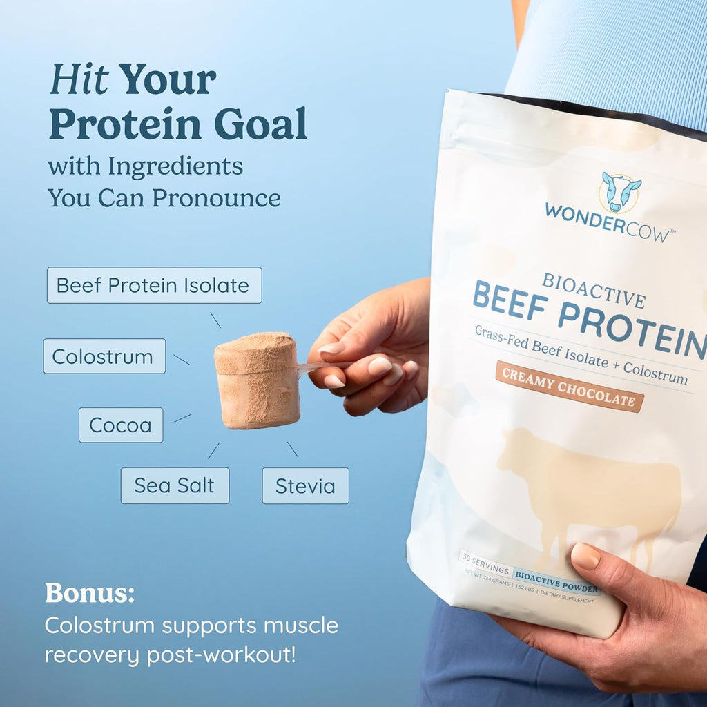 Beef Protein Isolate Powder w/Bovine Colostrum Supplement | Clean, 100% Grass Fed, Carnivore, Keto Friendly | Gluten Free | Helps Build Lean Muscle | 20g of Protein, 30 Servings, Chocolate