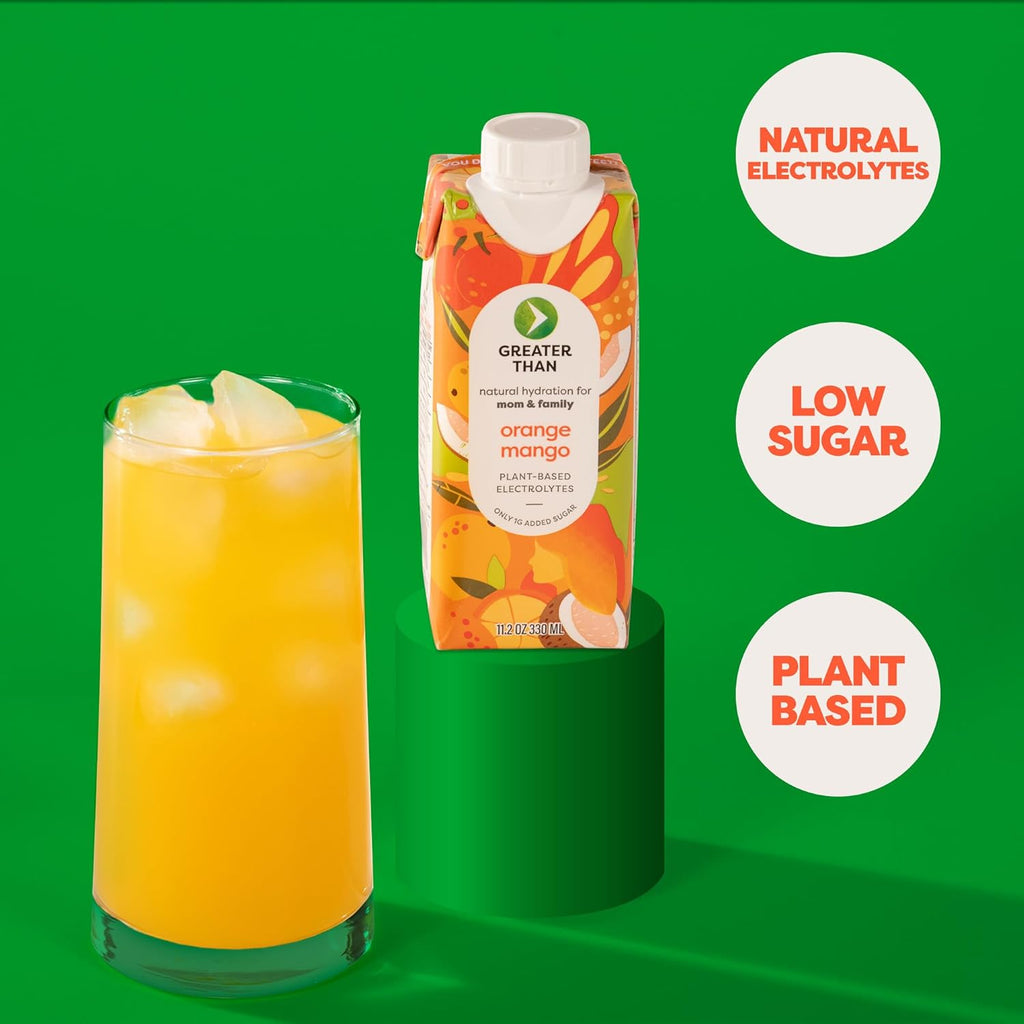 Greater Than Nutrient Hydration Beverage, Electrolyte Drink for Gut Health & Energy with Coconut Water, Vitamins, Gluten Free, Plant Based, Low Sugar, Orange Mango, 24 Pack