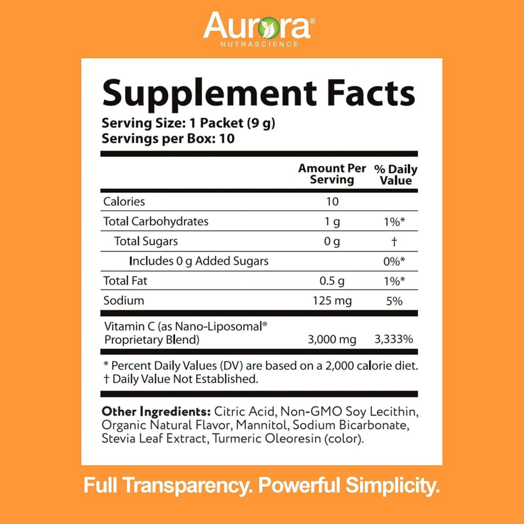 Aurora Nutrascience Nano-Pack Liposomal Vitamin C Powder Drink Mix, Immune Support, High Strength 3,000 mg Per Serving 10 Single Serve Packets, Orange