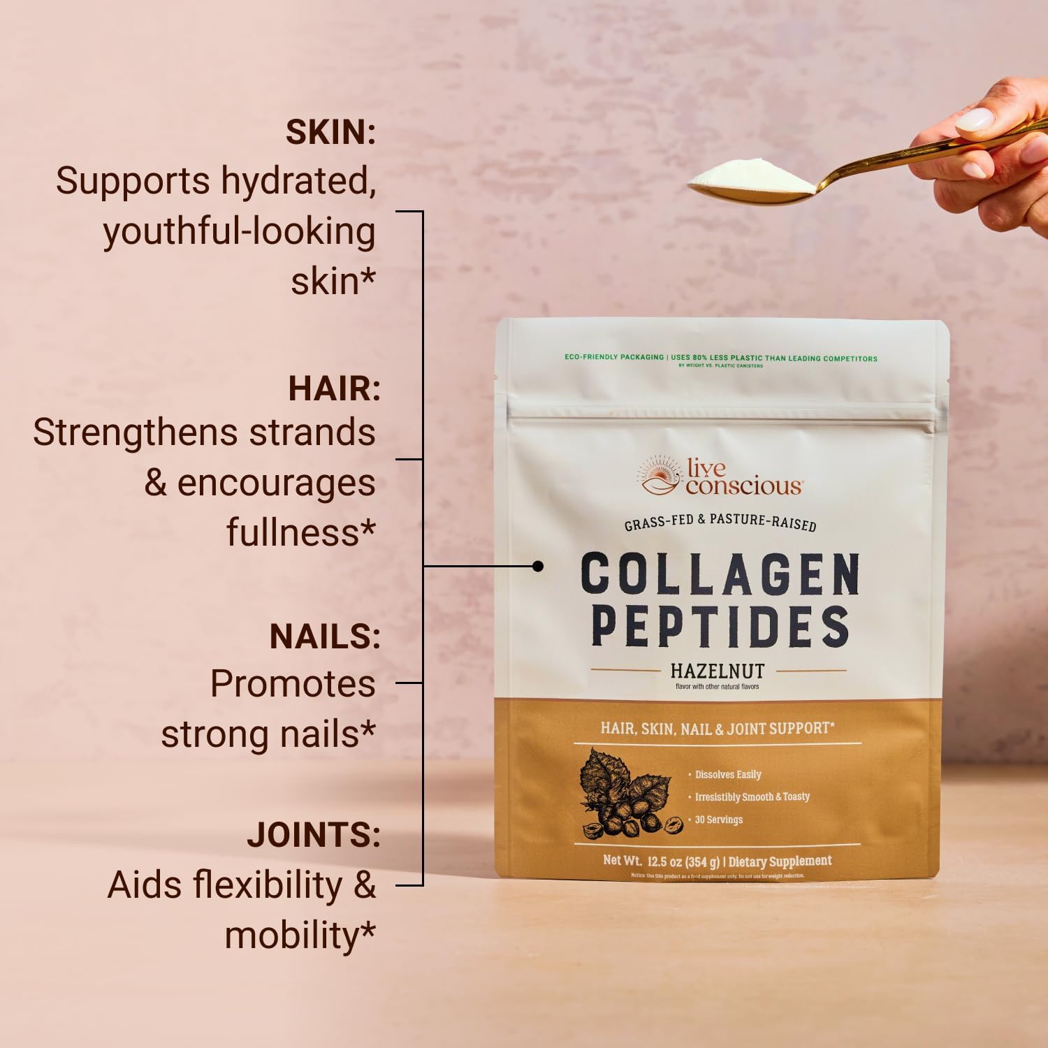 Live Conscious Collagen Peptides Powder - Hazelnut Flavored Collagen Powder - Hair, Skin, Nail, & Joint Support - Type I & III Grass-Fed Collagen Supplements for Women and Men - 30 Serving - 12.4oz
