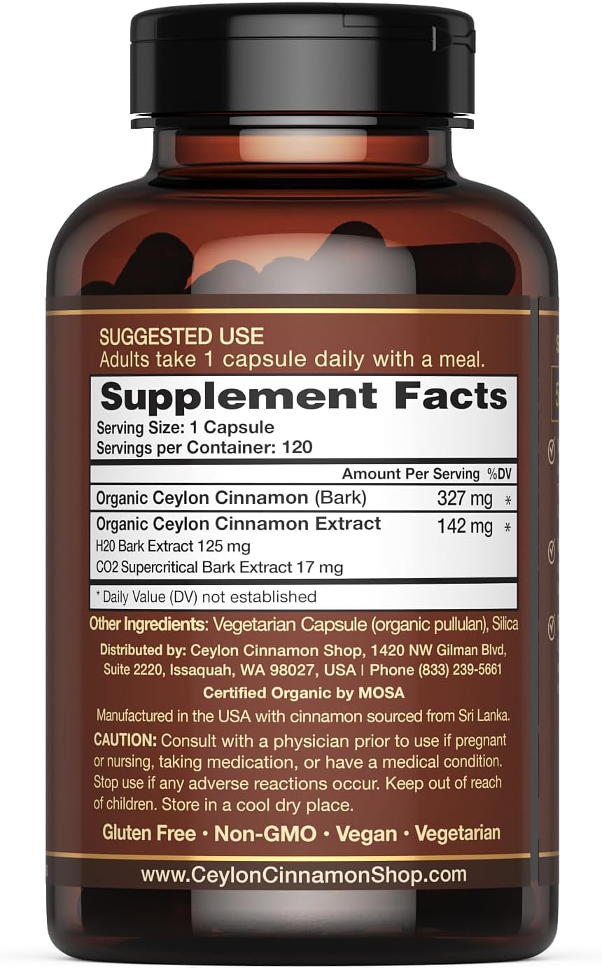 CinnaGuard™ Organic Ceylon Cinnamon Supplement 2500mg per Capsule | Extra Strength | 4 Month Supply | 120 Count - Non-GMO & Gluten Free Antioxidant
