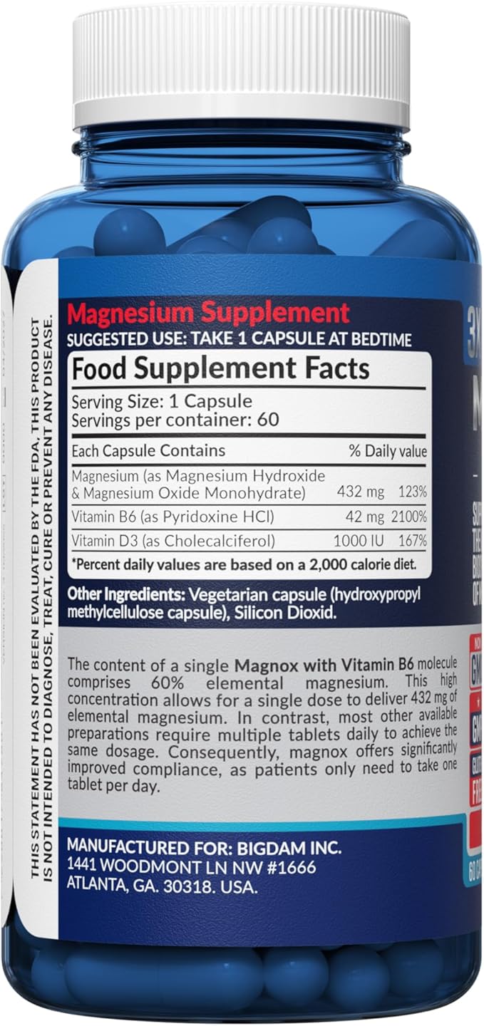 MAGNOX® High Absorption Magnesium Supplement with B6 & D3 Vitamins for Women & Men | Sleep Support | One Capsule a Day for Full Dosage (432mg) Patented & Clinically Tested Formula (60 pils)