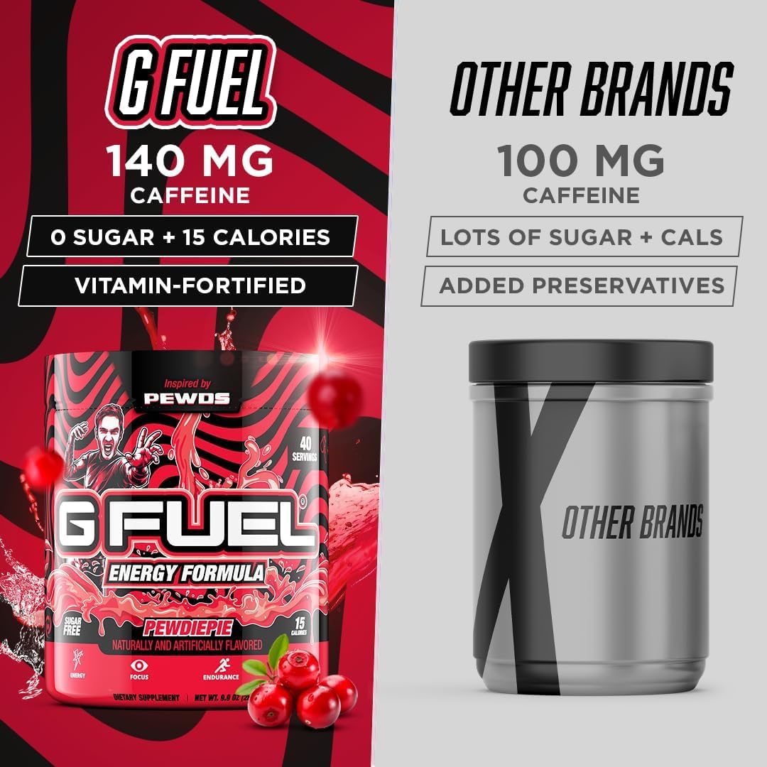 G Fuel PewDiePie Energy Drink Powder, Pre Workout Caffeine Mix for Gaming, Sugar Free Focus Amino, Vitamin + Antioxidants, 9.9oz (Lingonberry, 40 Servings)