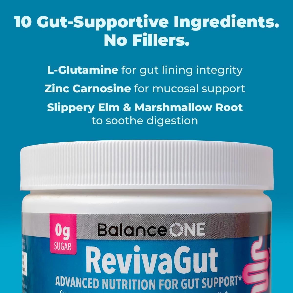 Balance ONE RevivaGut – Gut Lining & Digestive Support Powder – L-Glutamine, Zinc Carnosine, DGL Licorice, Slippery Elm – Leaky Gut Support, Bloating Relief – Non-GMO, 30 Servings