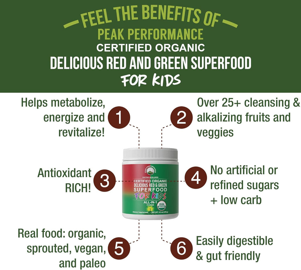 Kids Greens and Reds Superfood Powder. Best Tasting Organic Vegan Super Food Juice with 25+ Real Fruits and Vegetables. Gluten Free Real Food Vitamins. Green and Red Superfoods Supplement for Children