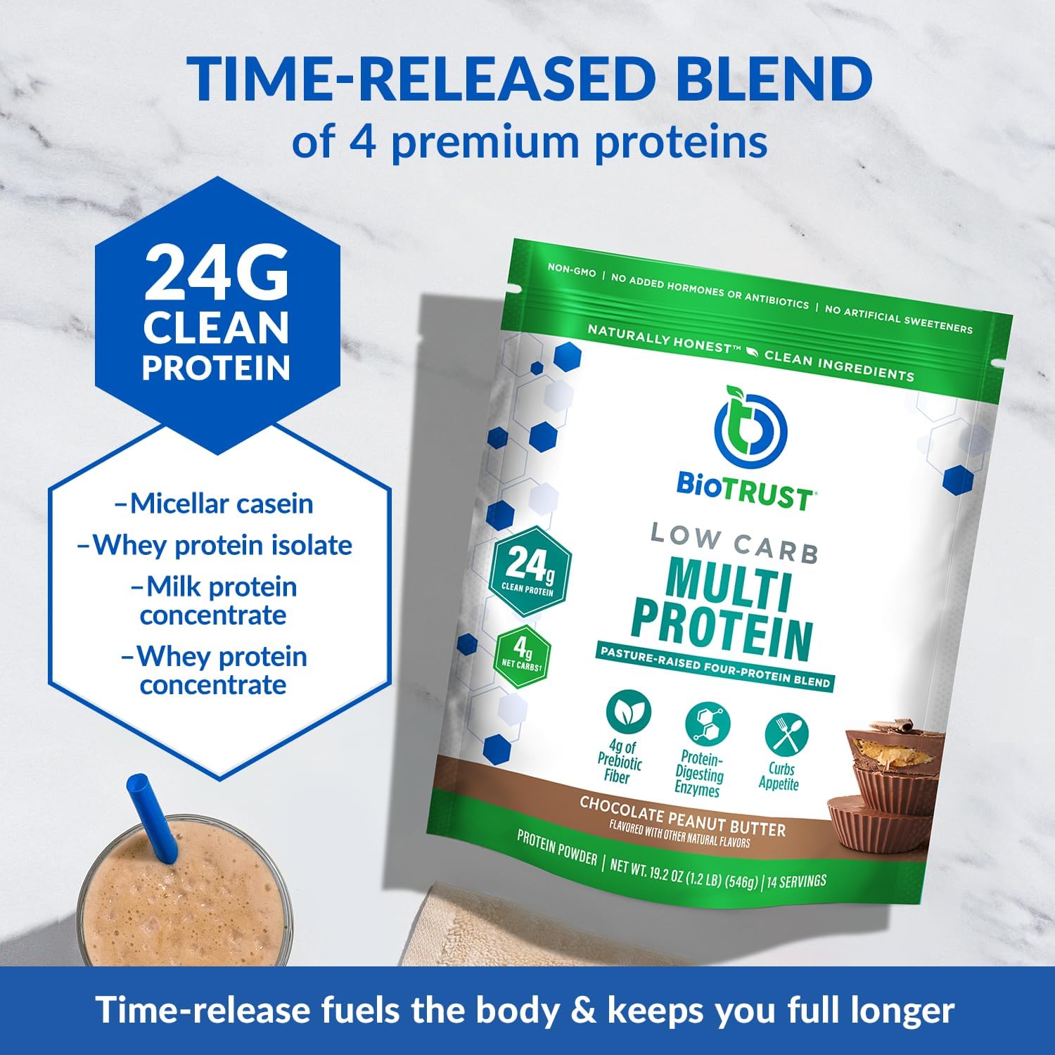 BioTrust Low Carb Protein Powder – Delicious Whey & Casein Blend from Grass-Fed Hormone Free Cows – Non GMO, Gluten Free (Chocolate Peanut Butter)
