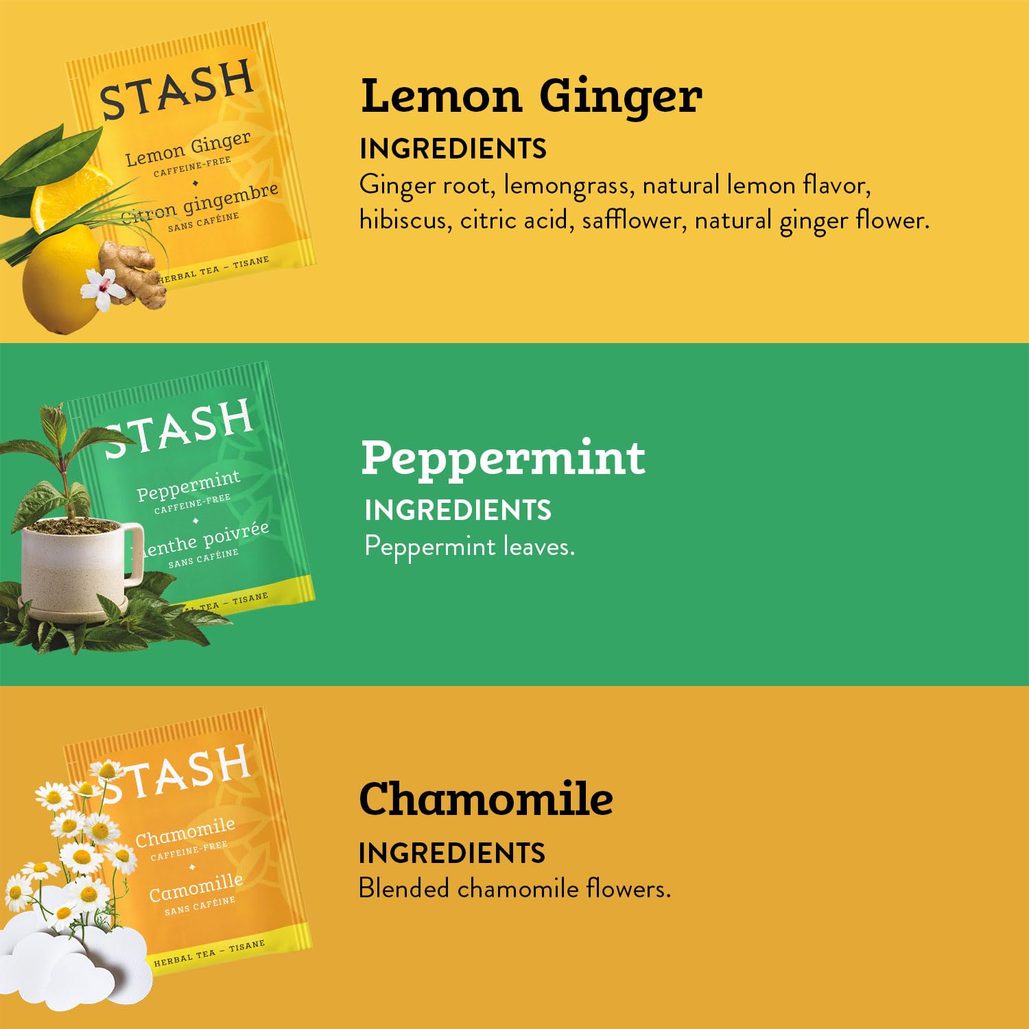 Stash Tea Comfort Classics Herbal Tea Sampler - Assortment of Non-Caffeinated Teas Including Peppermint, Chamomile and Lemon Ginger Teas, 18-20 Count (Pack of 3)