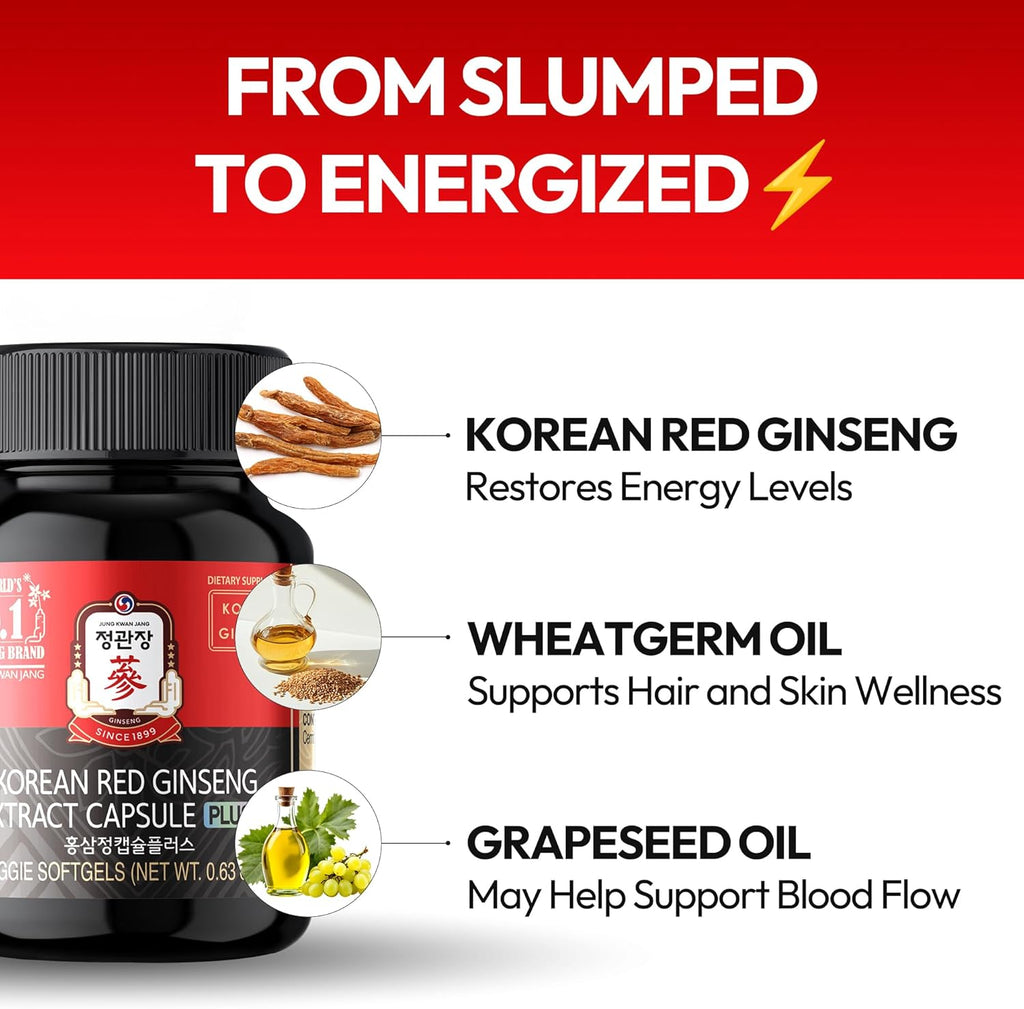 Korean Red Ginseng Extract Capsule Plus - All-in-One Vegan Supplements - Energy Boost & Immune Support, Caffeine Free & Non-GMO (600mg, 30 Capsules)