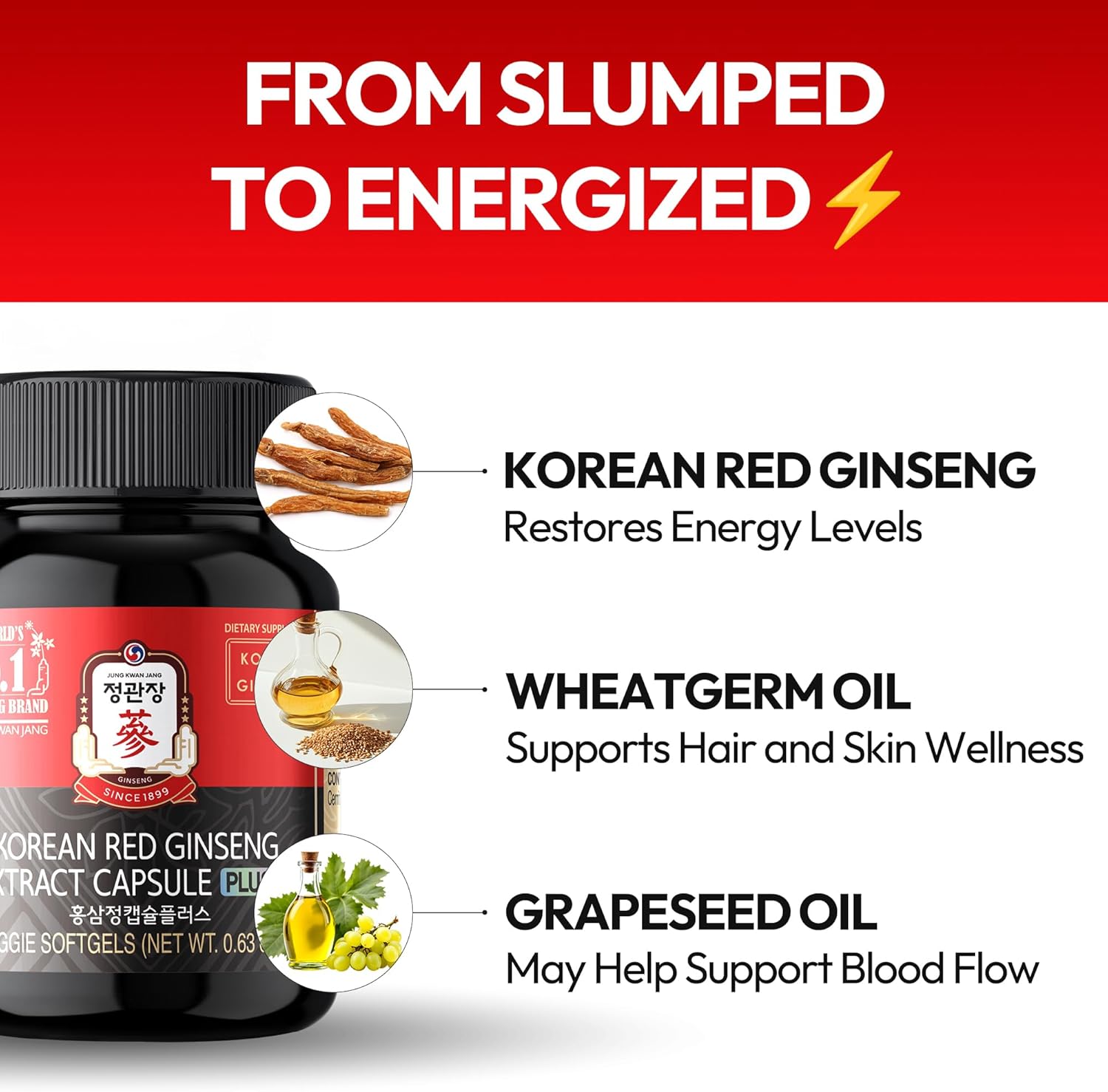 Korean Red Ginseng Extract Capsule Plus - All-in-One Vegan Supplements - Energy Boost & Immune Support, Caffeine Free & Non-GMO (600mg, 30 Capsules)