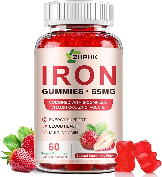 Iron Supplement Gummies, 65mg Iron for Women Men Kids, Natural Vegan Iron Gummy with Folate Gentle on Stomach, Gluten Free, Energy Support & Immune Health, 60 Gummies