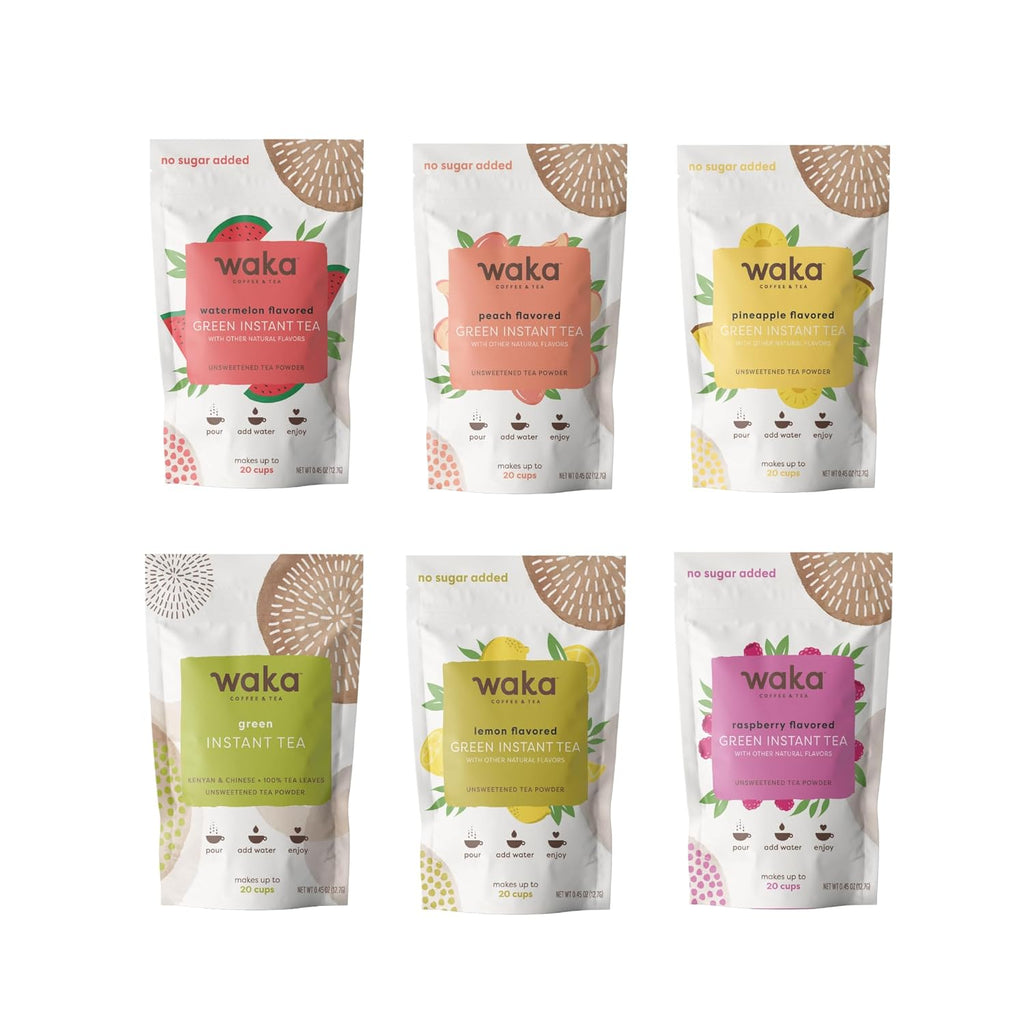 Waka Instant Tea — Concentrated Green Tea Powder Sample Bundle — No Sugar Added & Unsweetened — 100% Tea Leaves — 6 X 0.45 oz Sample Packs For Hot or Iced Tea