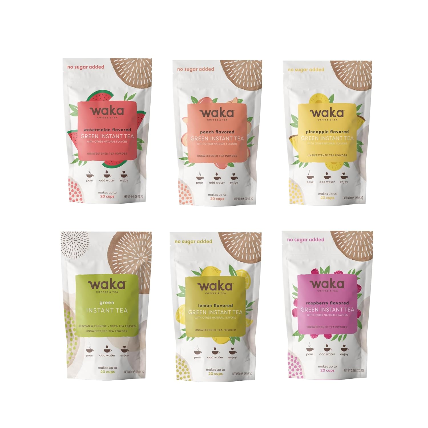 Waka Instant Tea — Concentrated Green Tea Powder Sample Bundle — No Sugar Added & Unsweetened — 100% Tea Leaves — 6 X 0.45 oz Sample Packs For Hot or Iced Tea