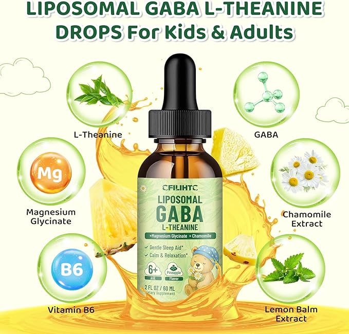 Liposomal GABA L-Theanine Drops for Kids - Liquid GABA Supplement with Magnesium, Chamomile, Lemon Balm & Vitamin B6 - Support Relaxation, Focus & Stress Relief for Kids & Adults - Pineapple Flavor
