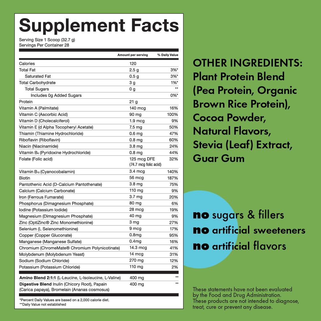 Kick Plant Protein Powder, Chocolate Flavor, 20 G Protein, Gluten Free Workout Supplement with Aminos Acids to Support Fitness Goals & Gut Health, No Sugar, No Artificial Flavors, 28 Servings