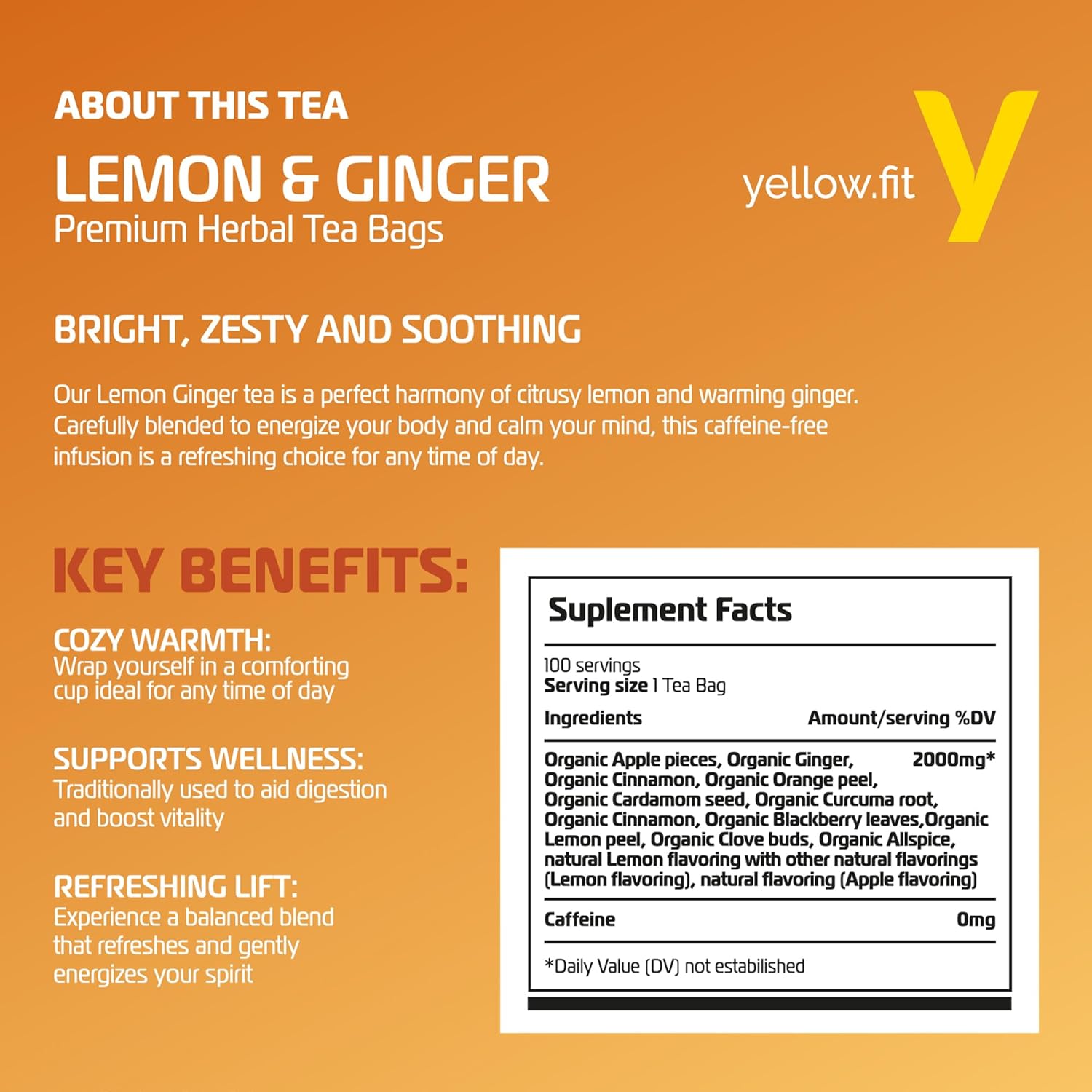 LEMON & GINGER, loose leaf 100 tea bags BRIGHT, ZESTY AND SOOTHING
