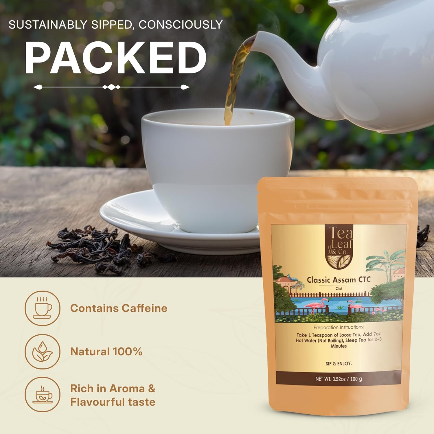 Tealeaf & Co. Classic Assam CTC Chai - 100% Pure Loose Leaf Black Tea - Low Caffeine Premium Tea - Upto 50 Servings (3.52oz/100gm)