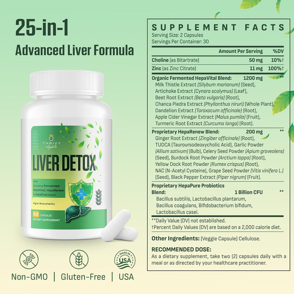 Liver Cleanse Detox & Repair – 25-in-1 Herbal Liver Support Milk Thistle Supplement - TUDCA, NAC, Chanca Piedra, Artichoke, Beet Root – Supports Liver Cleanse & Gut Health – 60 Vegan Capsules