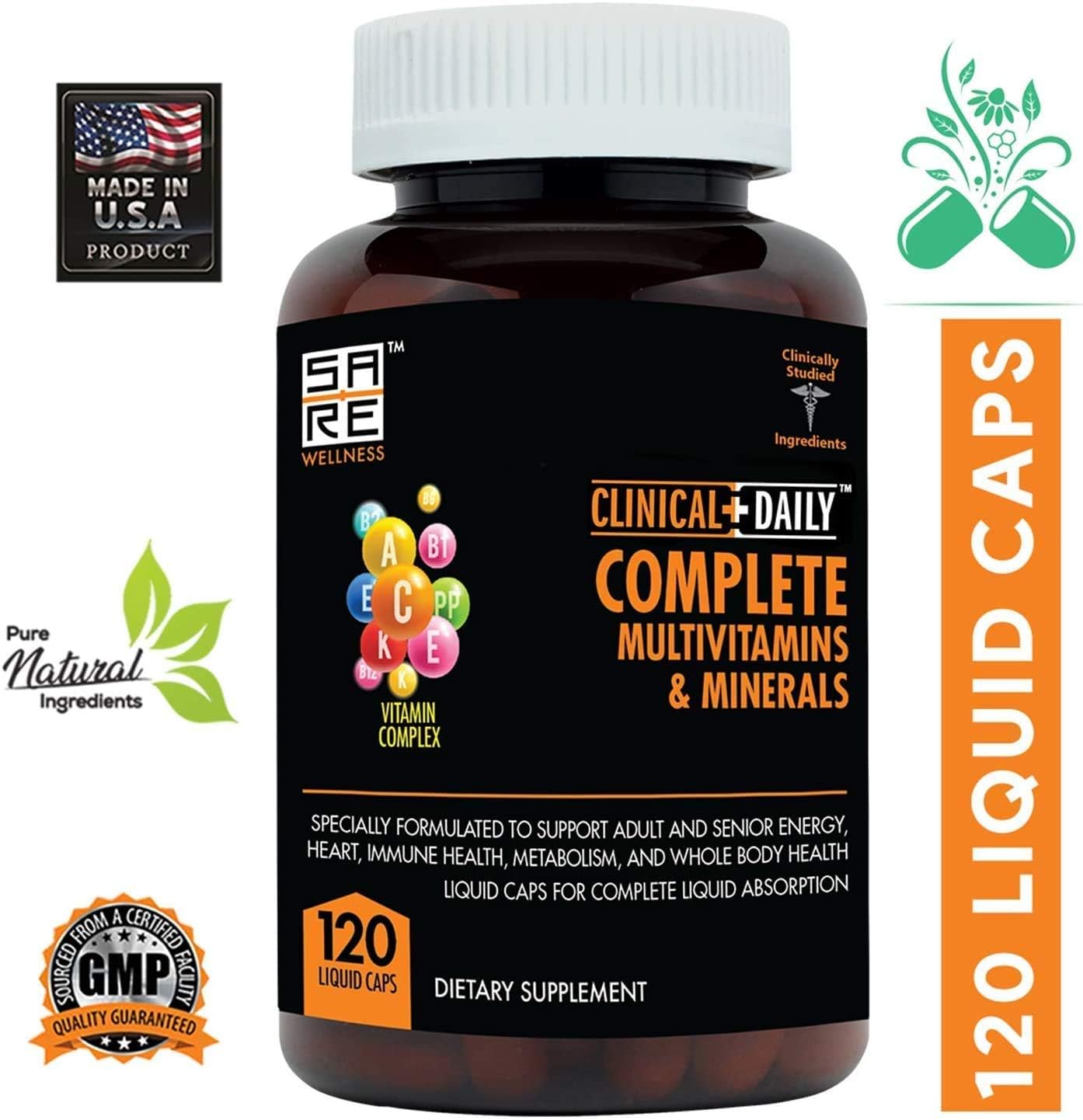 Clinical Daily Complete Whole Food Multivitamin Supplement for Women & Men - Complete Liquid Vitamin Absorption! 42 Superfood Fruits Vegetables - Young Adult to Senior - 120 Liquid Capsules