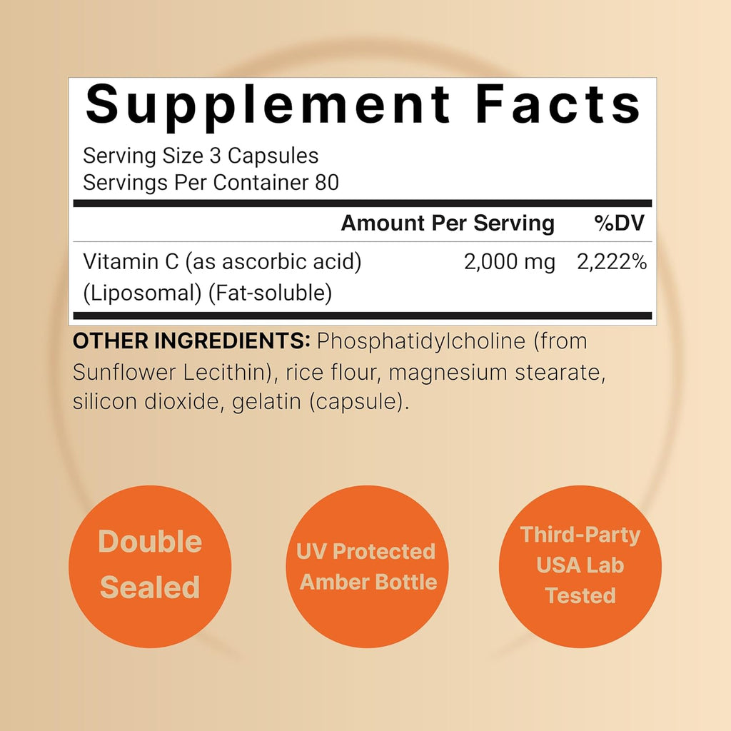 NatureBell Liposomal Vitamin C 2,000mg Per Serving, 240 Capsules | High Absorption Fat-Soluble Vitamins – Immune Support – Collagen Booster – Antioxidant Supplement – Non-GMO