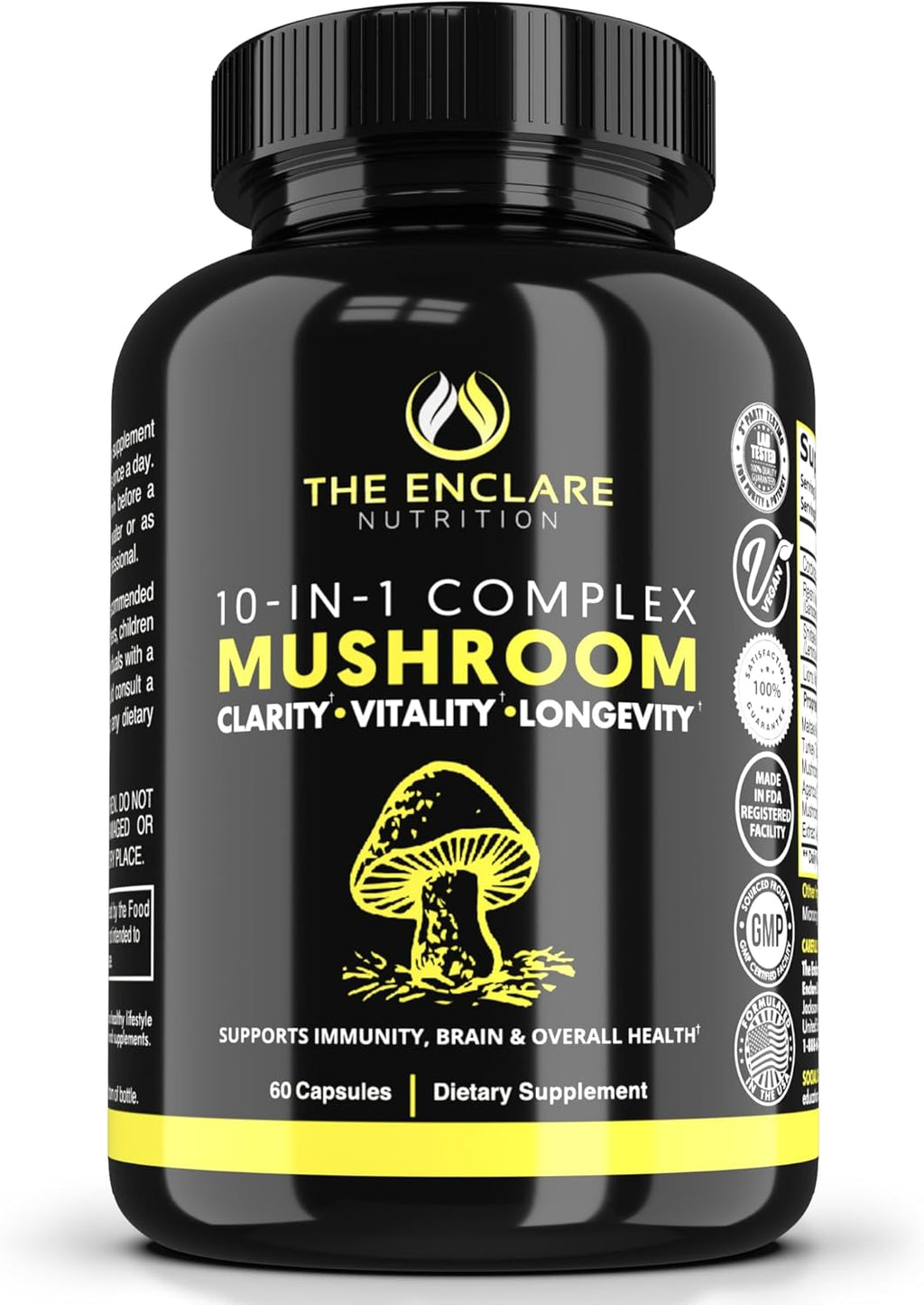 THE ENCLARE NUTRITION Mushroom Supplement 10in1 Complex Immune Support Lions Mane, Reishi, Turkey Tail, Cordyceps, Chaga, Maitake, Shiitake, Agaricus: Nootropic Brain, Energy Booster (1)