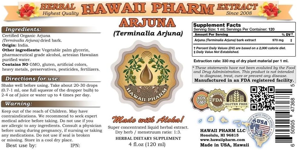 Arjuna Liquid Extract, Organic Arjuna (Terminalia Arjuna) Dried Bark Powder Tincture Herbal Supplement 2x32 oz Unfiltered