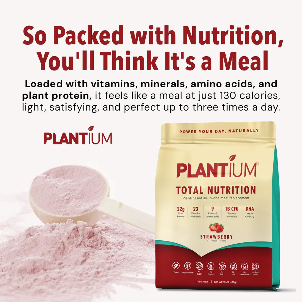 Plantium Total Nutrition, Premium All-in-One Meal Replacement Shake, Plant-Based Protein Powder with Vitamins, Minerals & Probiotics, 22g Protein per Serving, Strawberry