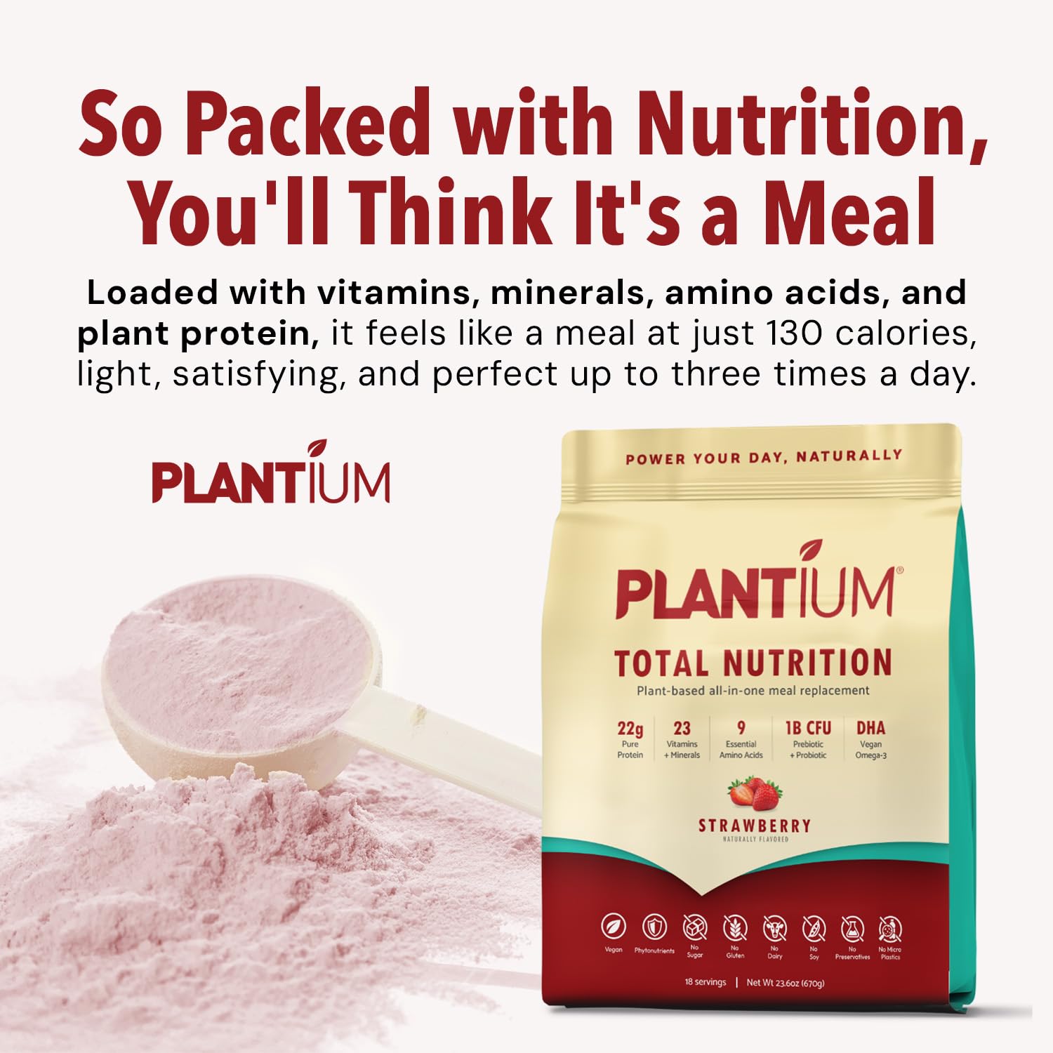 Plantium Total Nutrition, Premium All-in-One Meal Replacement Shake, Plant-Based Protein Powder with Vitamins, Minerals & Probiotics, 22g Protein per Serving, Strawberry
