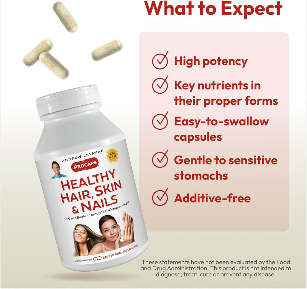 ANDREW LESSMAN Healthy Hair, Skin and Nails 60 Capsules - 5000 mcg High Bioactivity Biotin, B-Complex. Promotes Beautiful Skin, Strong Nails. No Additives Hair Growth Vitamins Biotin Supplement