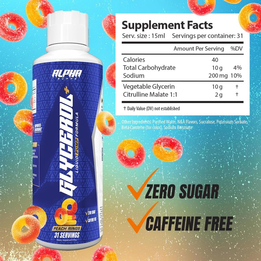Glycerol+ Liquid Pump Formula - Stim-Free Liquid Glycerol and Citrulline High-Performance Supplement for Enhanced Muscle Pumps, Hydration, & Endurance (31 Servings, Peach Rings)
