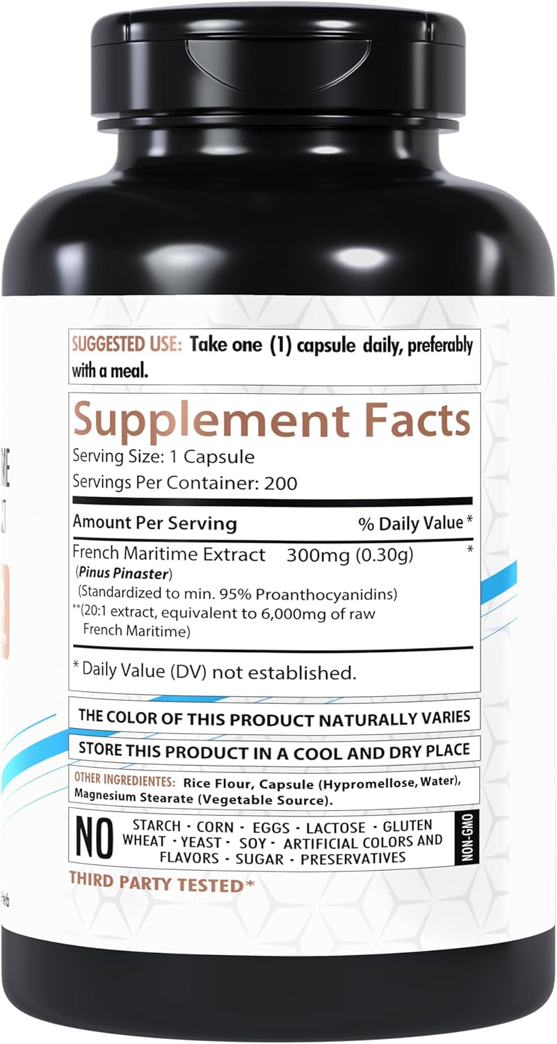 French Maritime Pine Bark Extract 6000mg | 200 Vegan Capsules | 95% Proanthocyanidins | Non-GMO | Gluten-Free | Made in The USA