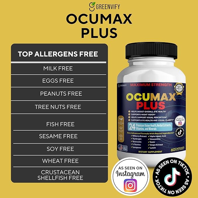 Ocumax Plus Vision Support Supplement, 60 Capsules, with 24 Premium Herbal Extracts and Vitamins, Maximum Strength Eye Health Formula (5)