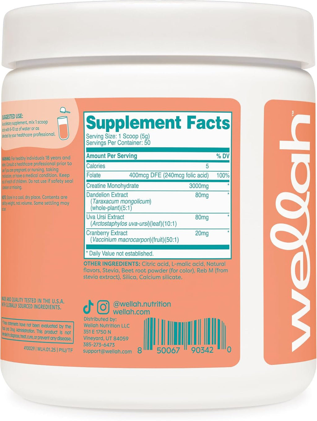 Wellah Creatine for Women - Creatine Monohydrate with Dandelion & Cranberry Extract (50 Servings, Tropical Punch)