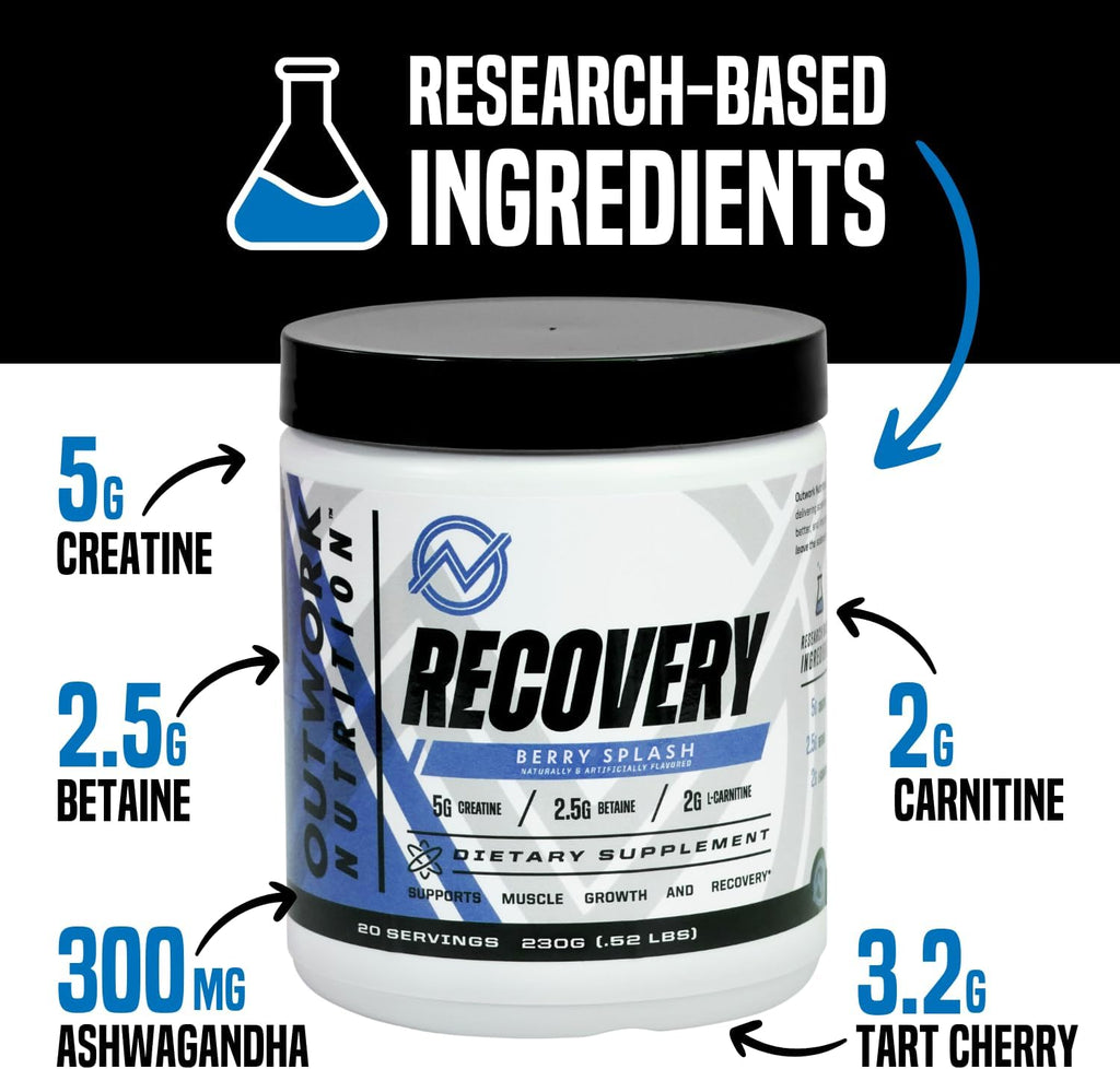 Outwork Nutrition Post Workout Recovery Powder - Creatine Monohydrate, KSM-66 Ashwagandha & Tart Cherry - Speeds Recovery, Eases Soreness - Creatine Powder for Men & Women, Berry Splash, 240 Gr