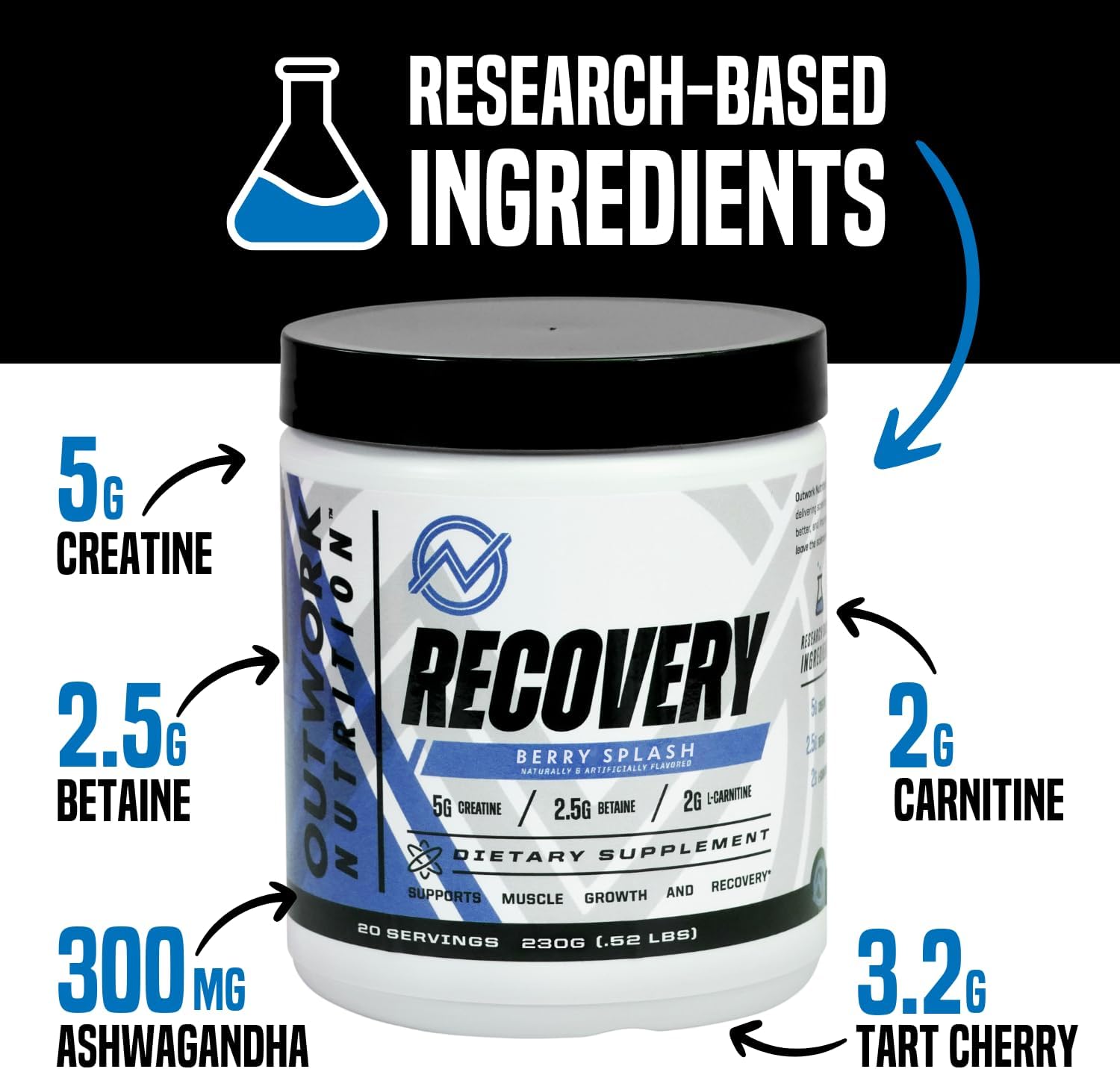 Outwork Nutrition Post Workout Recovery Powder - Creatine Monohydrate, KSM-66 Ashwagandha & Tart Cherry - Speeds Recovery, Eases Soreness - Creatine Powder for Men & Women, Berry Splash, 240 Gr