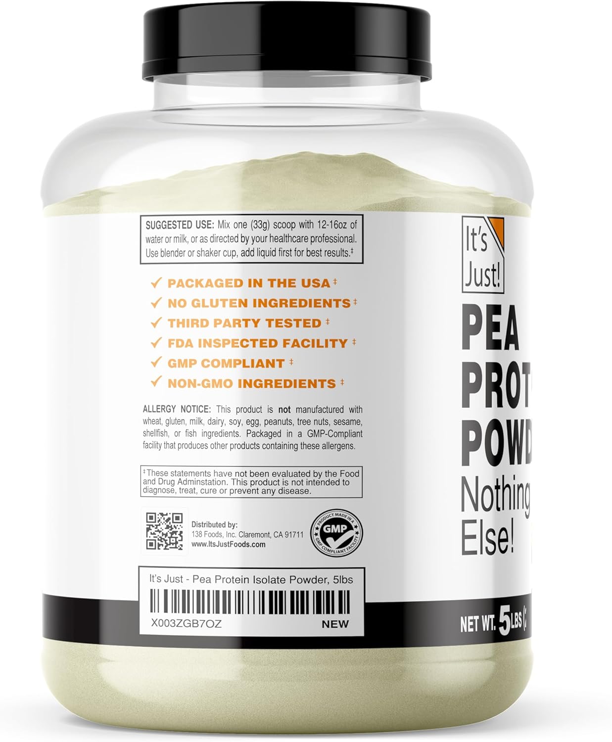 It's Just! - 100% Pea Protein, Vegan Plant Based, Grown in Canada, Premium Quality, Smooth Texture, Gluten Free, Keto Friendly (5 Pound, Unflavored)