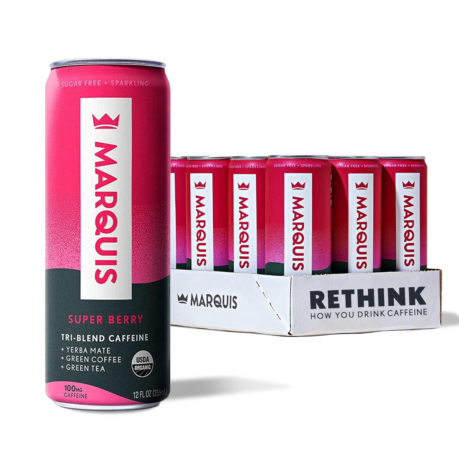 Marquis - Natural Energy Drink - Super Berry - Sugar Free - 0 Calories - 100mg of Organic Plant Based Caffeine - Yerba Mate - Green Tea - Vitamin C & B Vitamins - Vegan - 12 oz Cans - 12 Pack