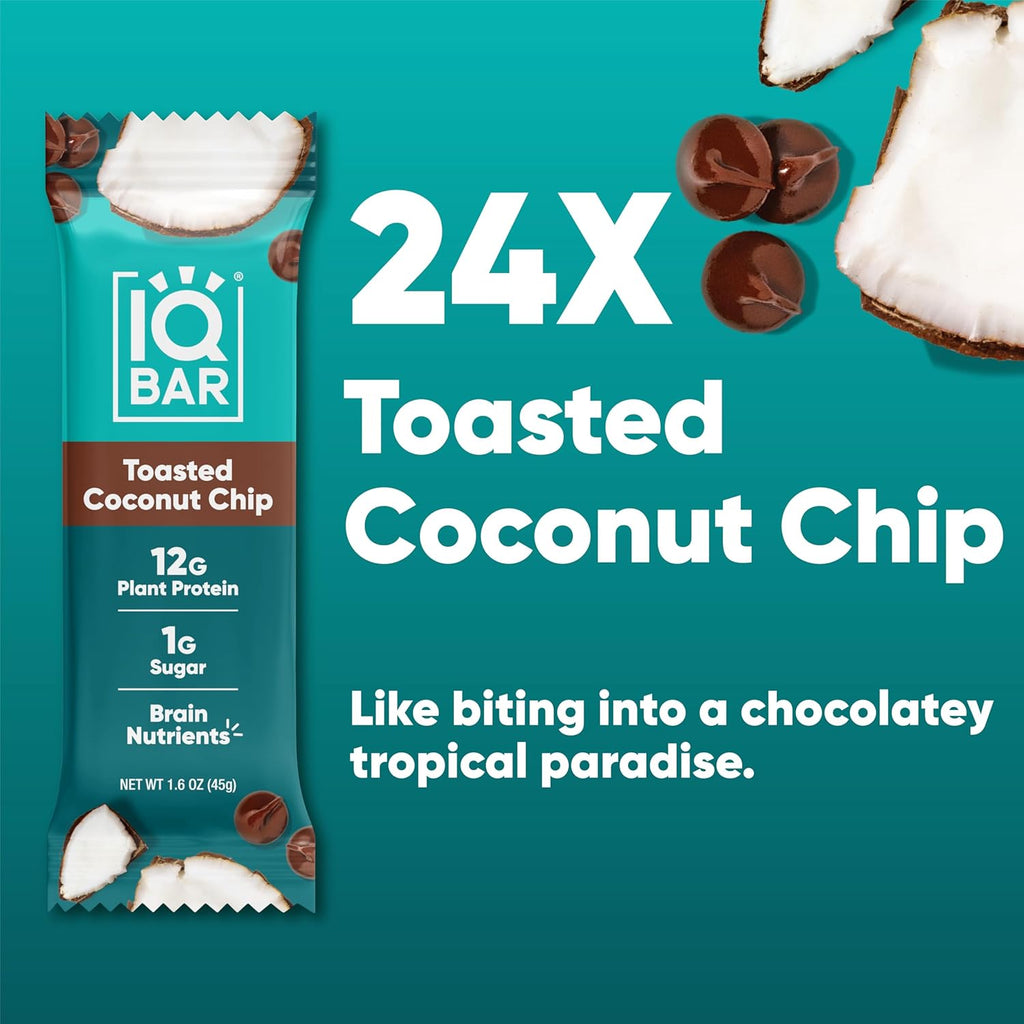 IQBAR Brain and Body Plant Protein Bars - Toasted Coconut Chip - 24-Count Low Carb - Gluten Free, High Fiber, Vegan Snacks - Low Sugar Meal Replacement